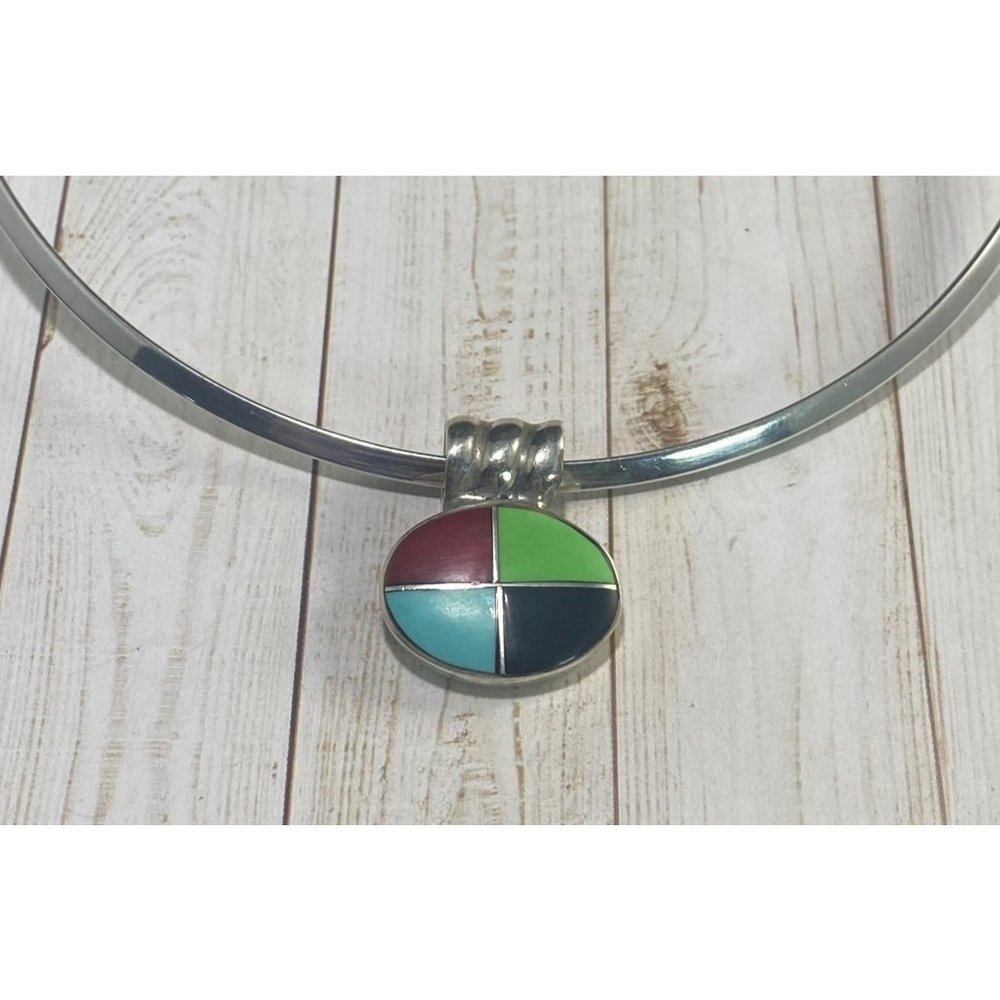 Vintage 925 Choker Necklace Multi Gemstone Pendant Modernist 15 inches - Picture 4 of 7